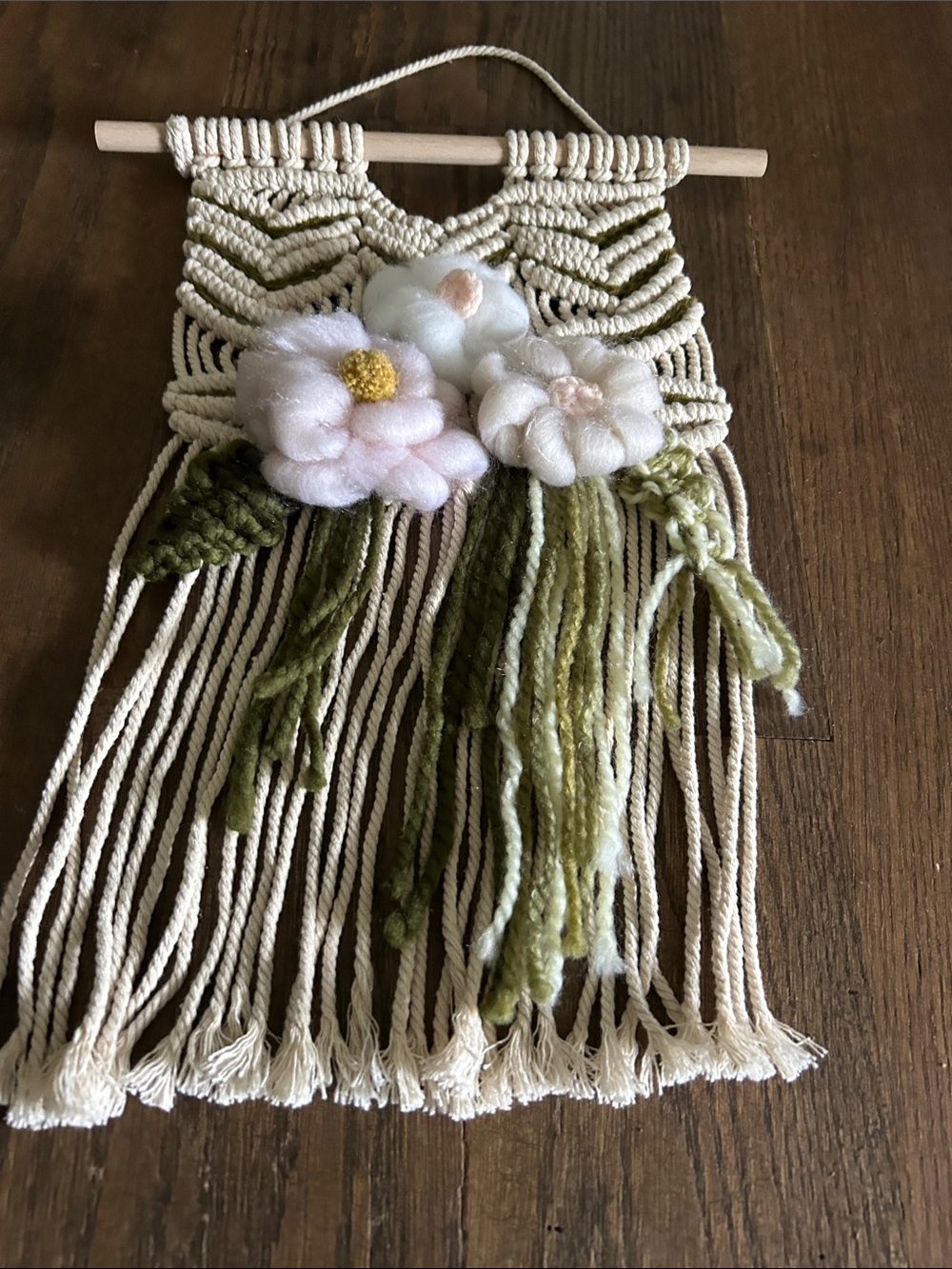 Handmade Macramé Wall Hanging with Wool Flowers - Cream & Olive
